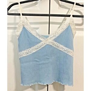 Y2K Coquette Baby Blue Ribbed Lace Trim Cami Top XS/S Balletcore Fairycore
